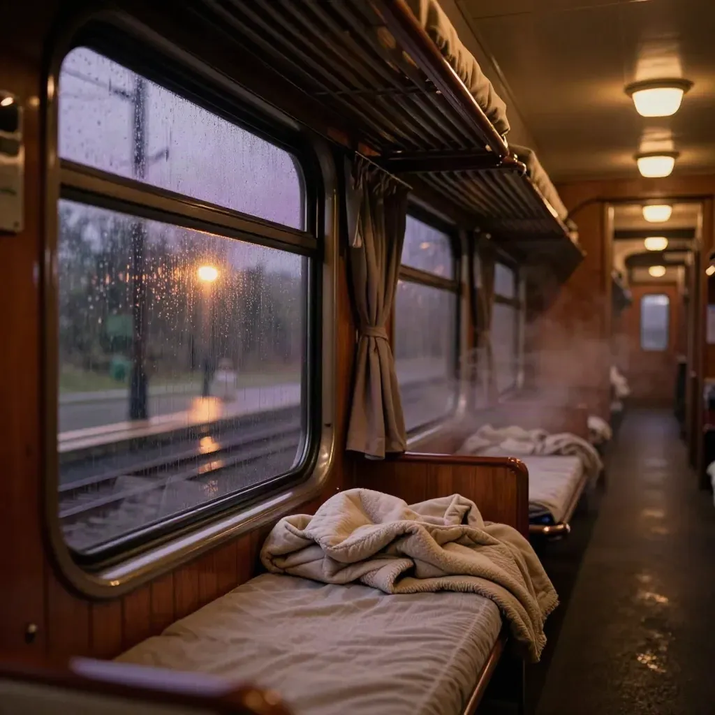 Empty sleeper berth window with blanket and curtain as station lights smear into night reflections.