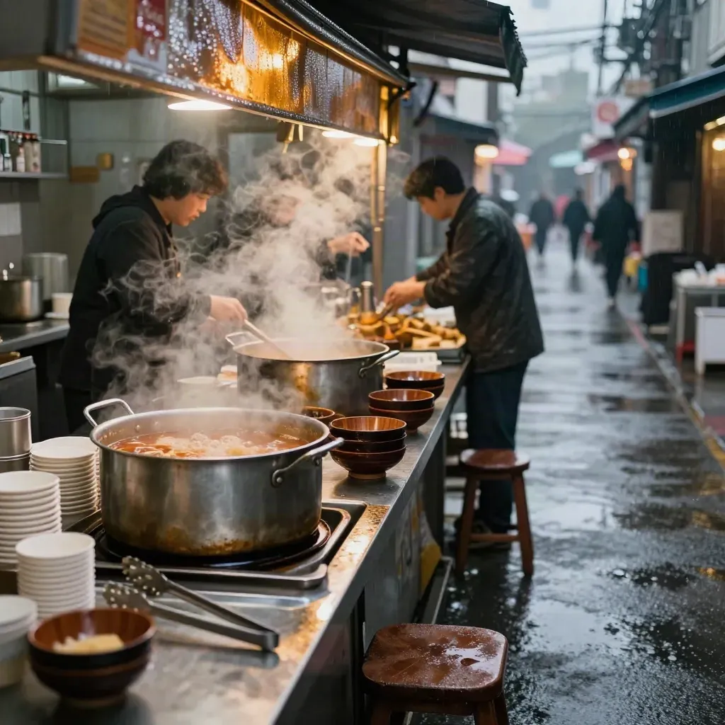 Late-night Seoul street-food counter with steaming bowls in rain and neon reflections.