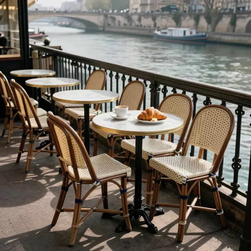Empty café chairs and a marble table by the Seine in soft morning sun and mist.
