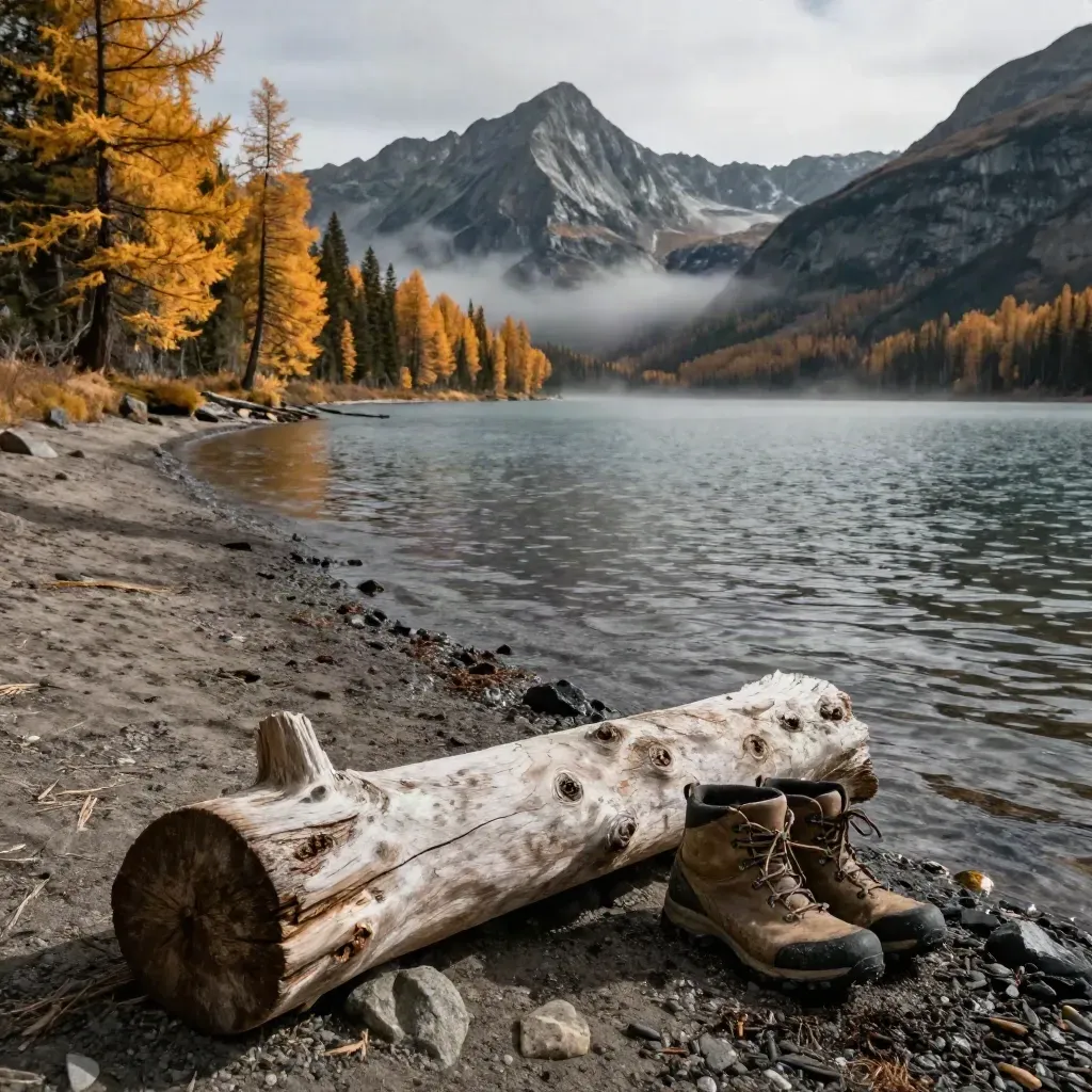 Boots on a Banff lakeshore with golden larches, mist, and mountains at sunrise.
