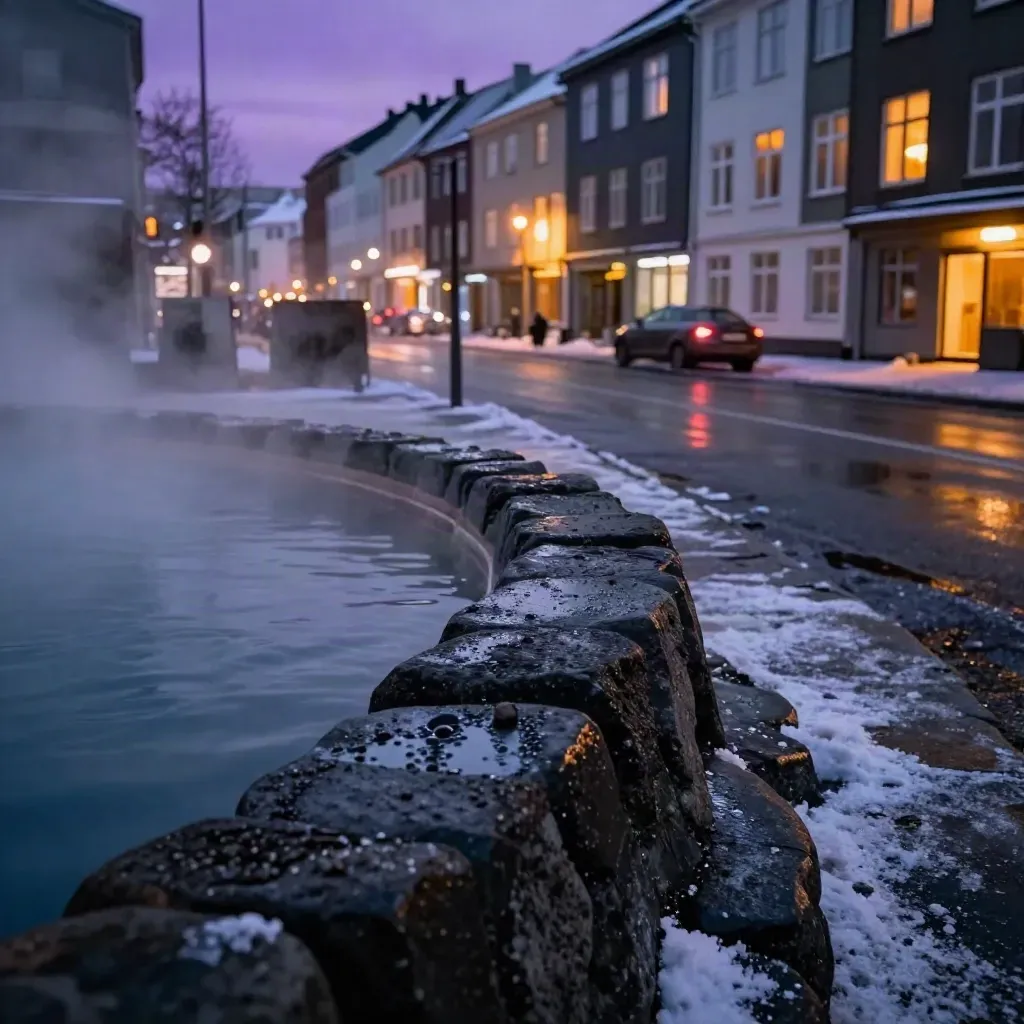 Steam rises by a Reykjavik geothermal pool edge beside wet winter streets and glowing windows.