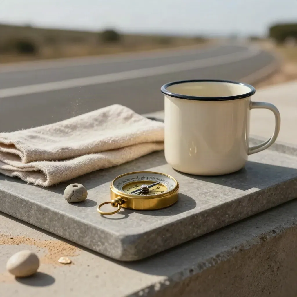 Brass compass beside an enamel mug, wool cloth, and stone paperweight on a tray